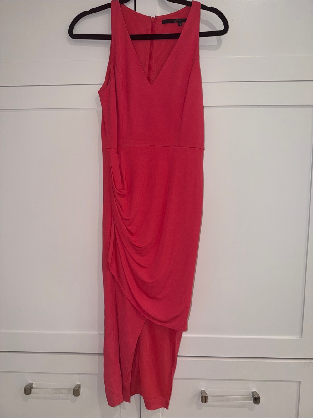 JAYGODFREY Coral High-Low Draped V-Neck Dress